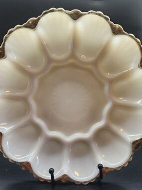 Vintage Anchore Hocking Fire King Milk Glass Egg Plate with Scalloped Gold Rim